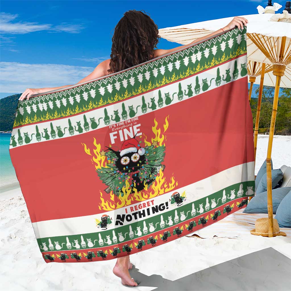 Red and green striped Christmas sarong with cat, flames, and “Fine” graphic.