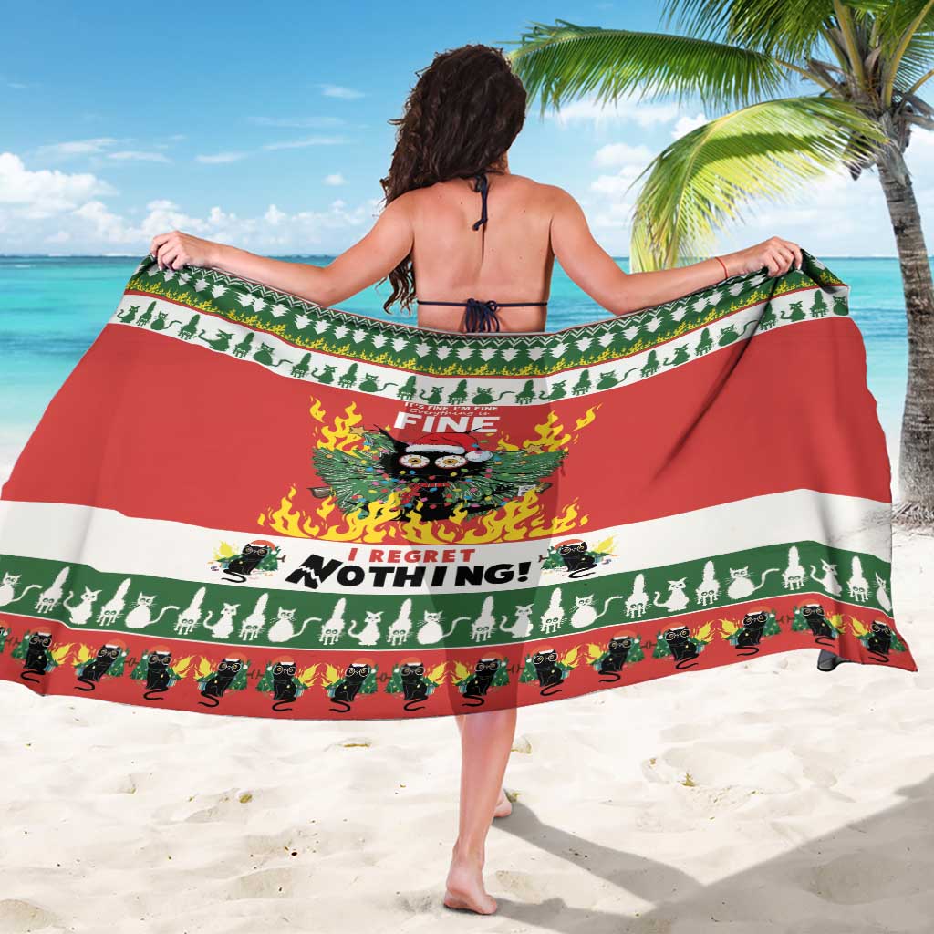 Red Christmas sarong shown wide across the back, with cat and flame stripe pattern.