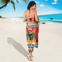 Red and green cat-themed Christmas sarong with flame graphic and striped bottom edge.
