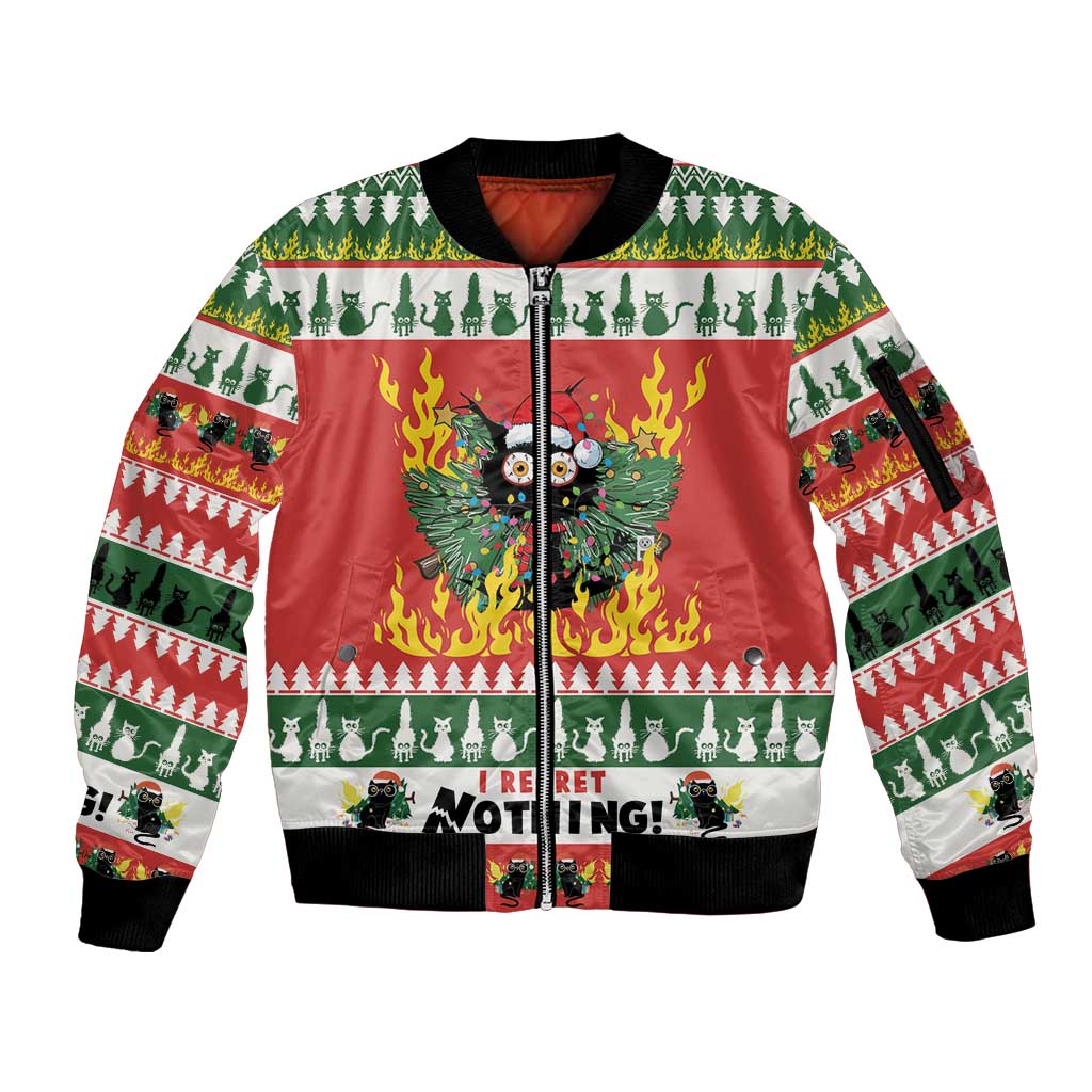 Unisex red zip bomber jacket with green holiday cat print, flames graphic, and front zipper