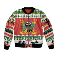 Unisex red zip bomber jacket with green holiday cat print, flames graphic, and front zipper