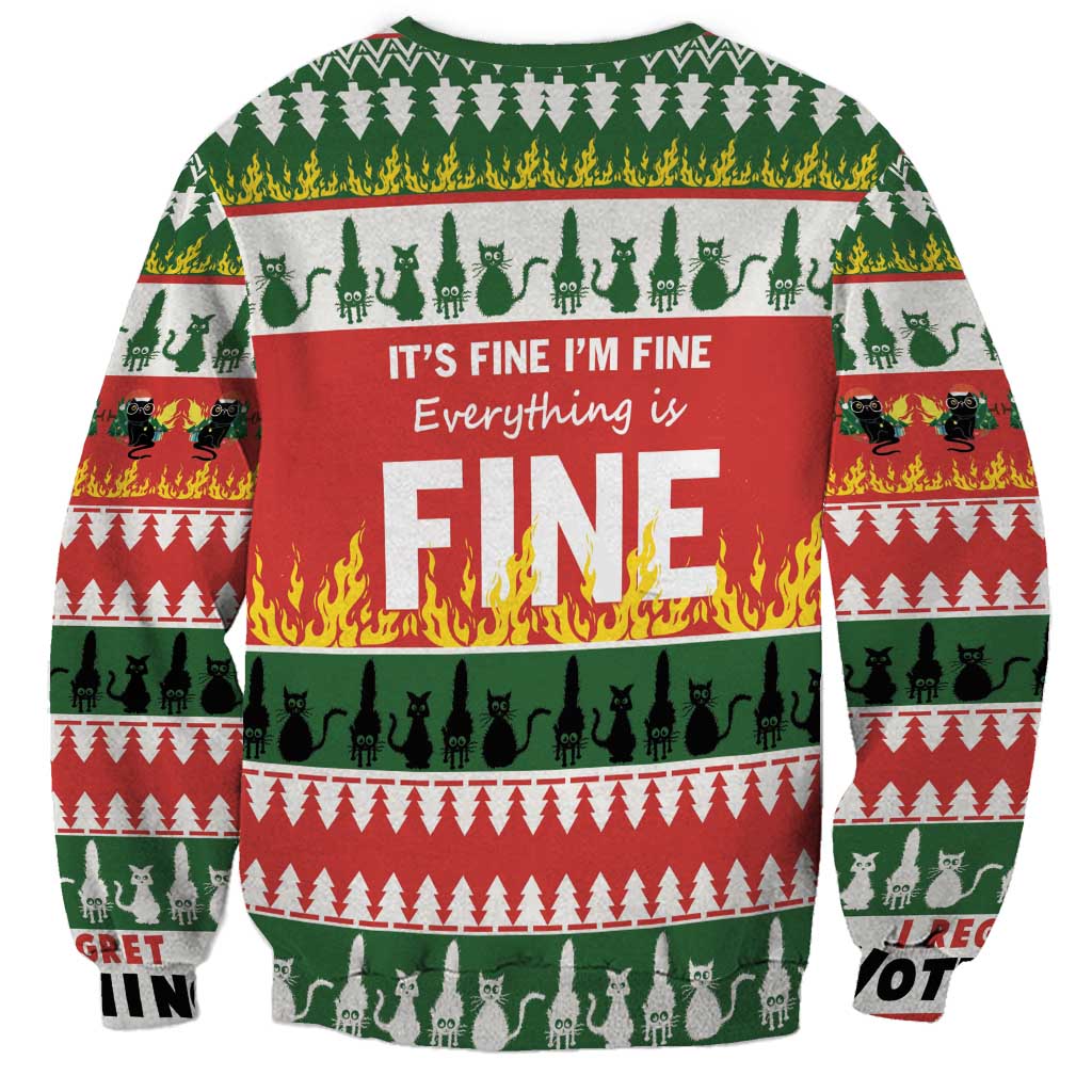 Green and red Christmas sweatshirt with "It's Fine I'm Fine" text and cat row.