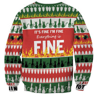 Green and red Christmas sweatshirt with "It's Fine I'm Fine" text and cat row.