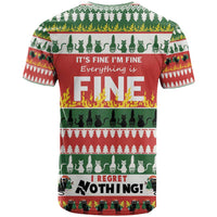 Red Christmas cat T-shirt back with 'It’s fine I’m fine' and 'Everything is fine'