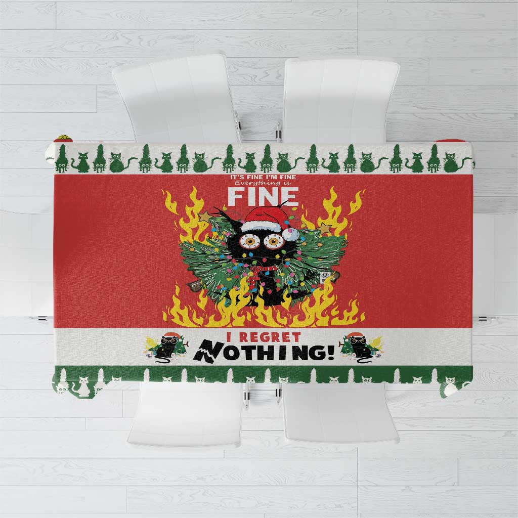 Red and green Christmas cat-themed tablecloth with dark cat silhouette graphic bands