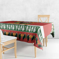 Red and green holiday cat tablecloth with kitten silhouettes and striped border
