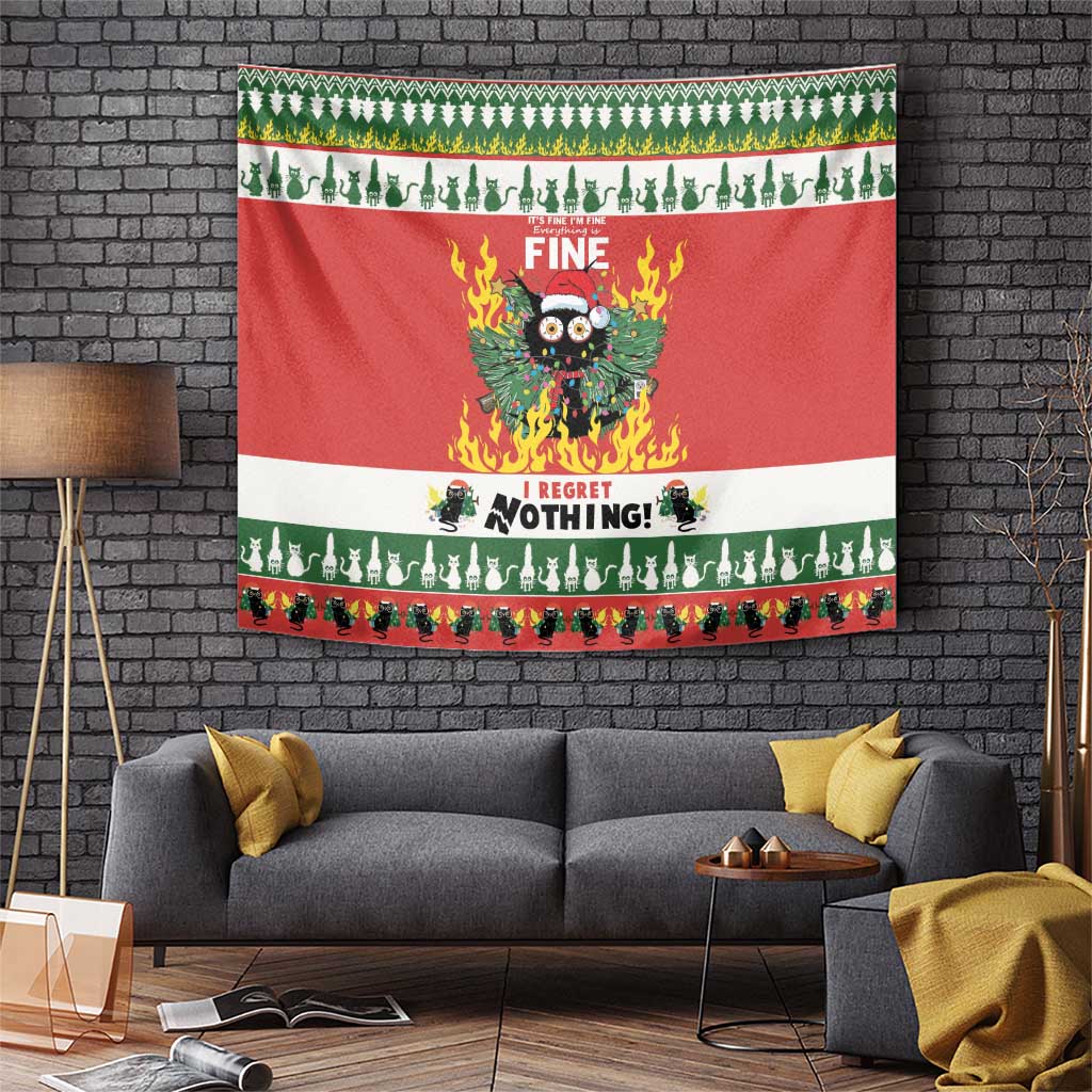 Red Christmas wall tapestry with flaming cat graphic on gray brick wall