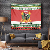 Red Christmas wall tapestry with flaming cat graphic on gray brick wall
