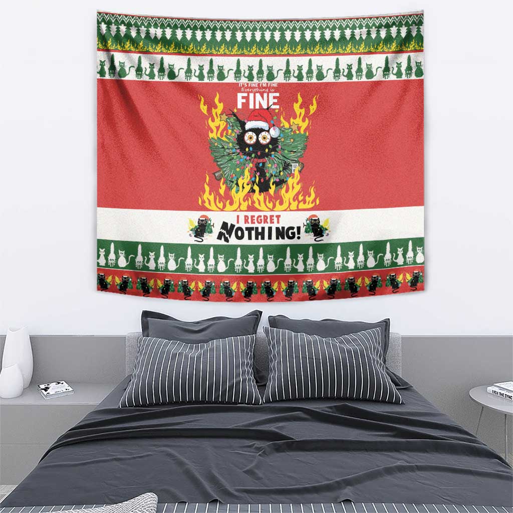 Red Christmas wall tapestry with flaming cat graphic and green patterned border