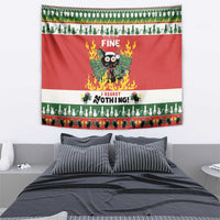 Red Christmas wall tapestry with flaming cat graphic and green patterned border