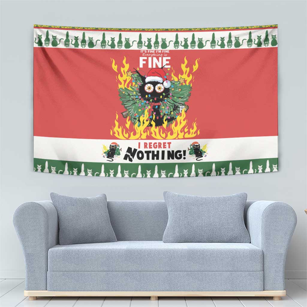Red Christmas wall tapestry with flaming cat graphic above light gray sofa
