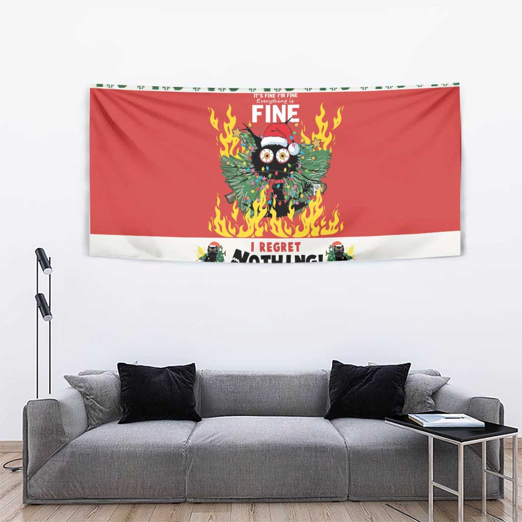 Red Christmas wall tapestry with flaming cat graphic above gray sofa