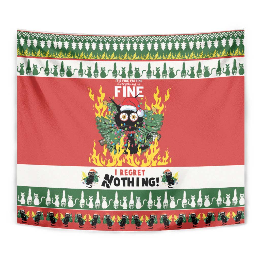 Red Christmas wall tapestry close-up with flaming cat graphic and “Fine” text