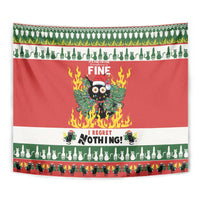 Red Christmas wall tapestry close-up with flaming cat graphic and “Fine” text