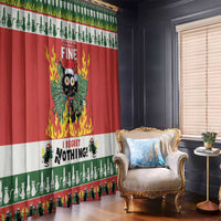 Red Christmas window curtain with cat-and-flame graphic, green cactus strip, and top border