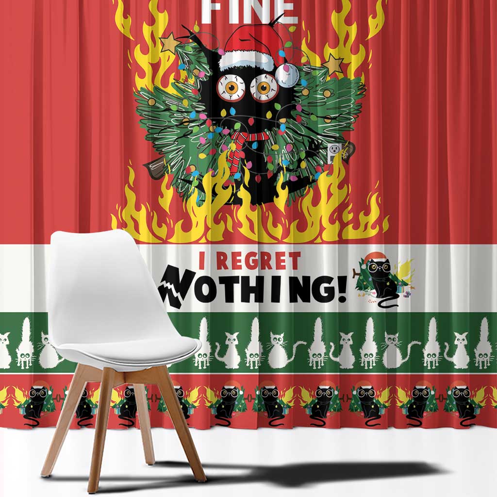Red Christmas window curtain panel with flaming cat illustration, bold “I regret nothing!” text