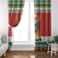 Red Christmas curtain with flaming cat design and green cactus stripe at the bottom