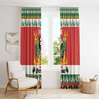 Red Christmas curtain panels with flaming cat print, green cactus band, and patterned top edge