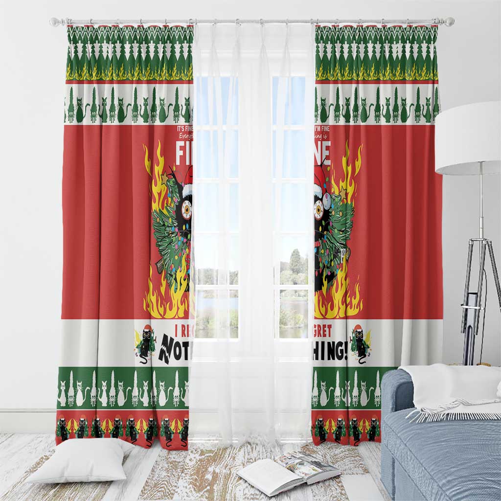 Red Christmas window curtain set with flaming cat graphic, green cactus strip, and light backdrop