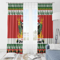 Red Christmas window curtain set with flaming cat graphic, green cactus strip, and light backdrop