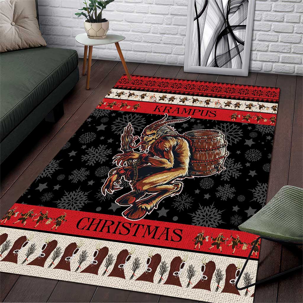 Black Krampus-themed Christmas area rug with red border, banner text, snowflake stars