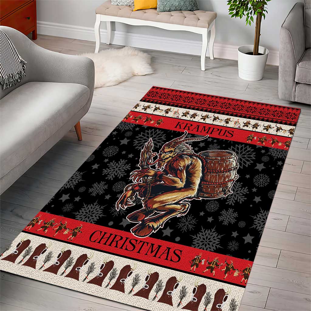 Black Christmas area rug featuring Krampus riding a barrel and red holiday border
