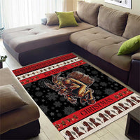 Black rectangular Krampus Christmas area rug with red trim and snowflake star pattern
