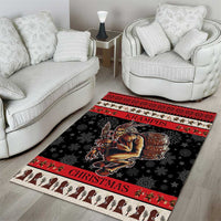 Black Krampus Christmas area rug with red border, Krampus figure, and white fringe edge