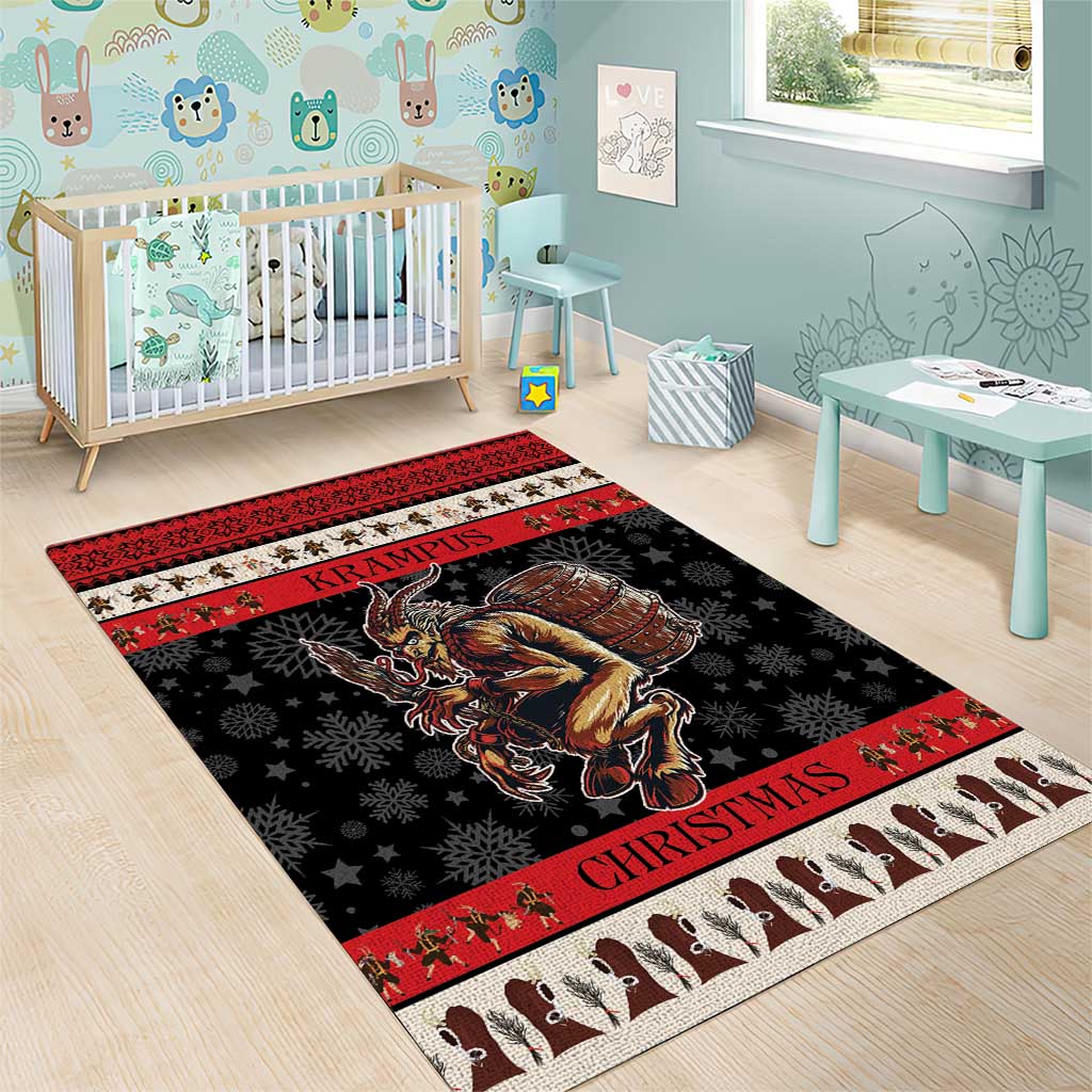 Black Krampus Christmas area rug with red stripe, Krampus artwork, and white border fringe