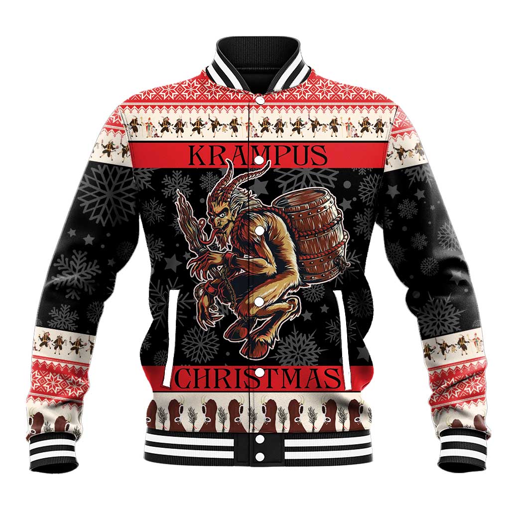 Unisex baseball jacket with bold Krampus Christmas graphic, red-and-black stripes and ribbed cuffs