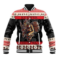 Unisex baseball jacket with bold Krampus Christmas graphic, red-and-black stripes and ribbed cuffs