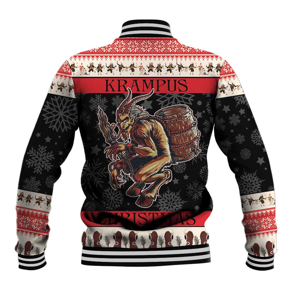 Unisex baseball jacket, back print of Krampus with drum, red-and-white trim and ribbed hem