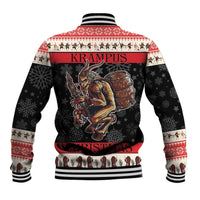 Unisex baseball jacket, back print of Krampus with drum, red-and-white trim and ribbed hem