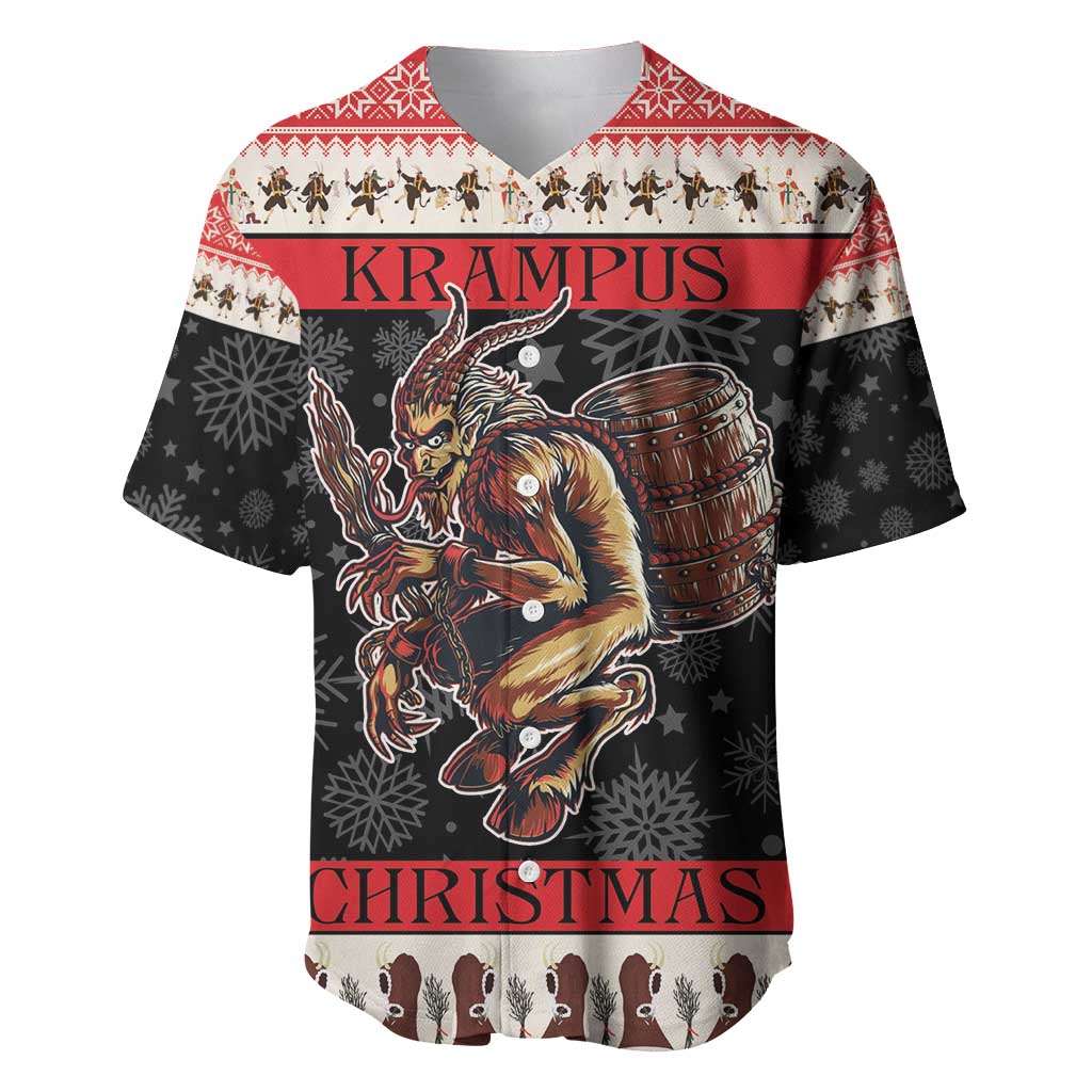 Red-and-black Krampus Christmas baseball jersey with front graphic and red trim