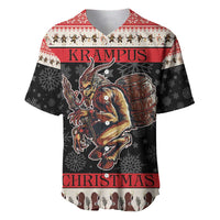 Red-and-black Krampus Christmas baseball jersey with front graphic and red trim