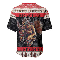 Red-and-black Krampus Christmas baseball jersey, back view with large graphic and red band