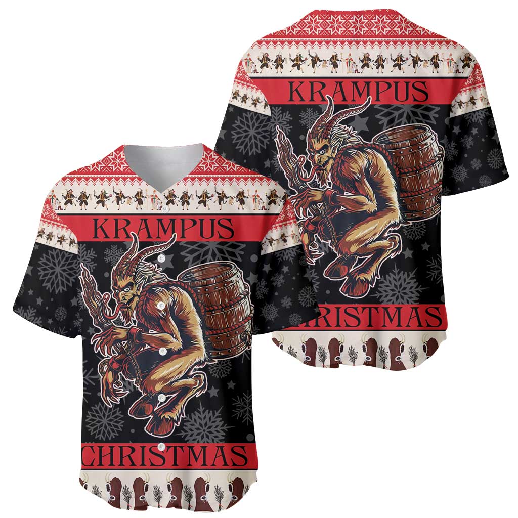 Pair of red-and-black Krampus Christmas baseball jerseys, one front and one back