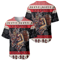 Pair of red-and-black Krampus Christmas baseball jerseys, one front and one back