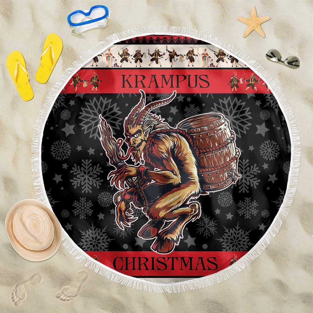 Round beach blanket with white fringe, dark Krampus graphic and CHRISTMAS text