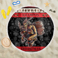 Round beach blanket with white fringe, dark Krampus graphic and CHRISTMAS text