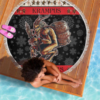 Round beach blanket with white fringe, dark Krampus graphic, stars and snowflake pattern