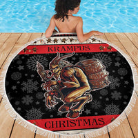 Round beach blanket with white fringe, dark Krampus and CHRISTMAS design, snowflake accents
