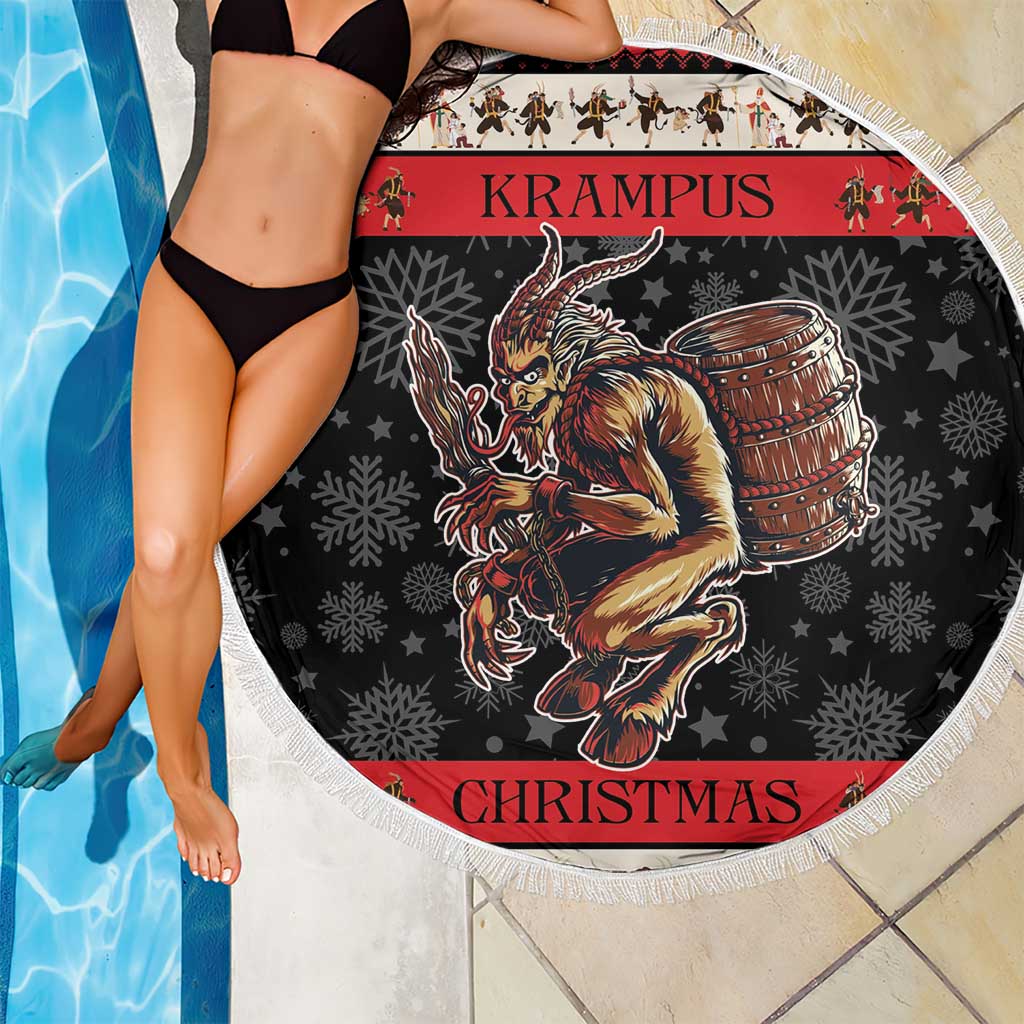 Round beach blanket with white fringe, dark Krampus illustration with snowflake and star motifs