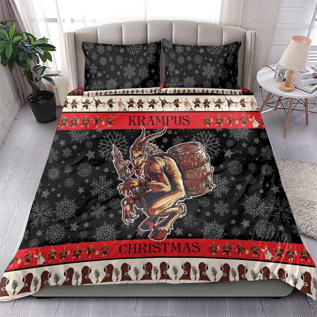 Black and red Christmas bedding set with Krampus devil artwork, snowflakes, and striped band