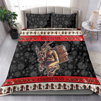 Black and red Christmas bedding set with Krampus devil artwork, snowflakes, and striped band
