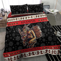 Black comforter with Krampus devil graphic, red stripe trim, snowflake background