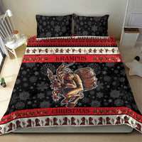 Black comforter and pillow bedding set with Krampus devil, snowflakes, and red border