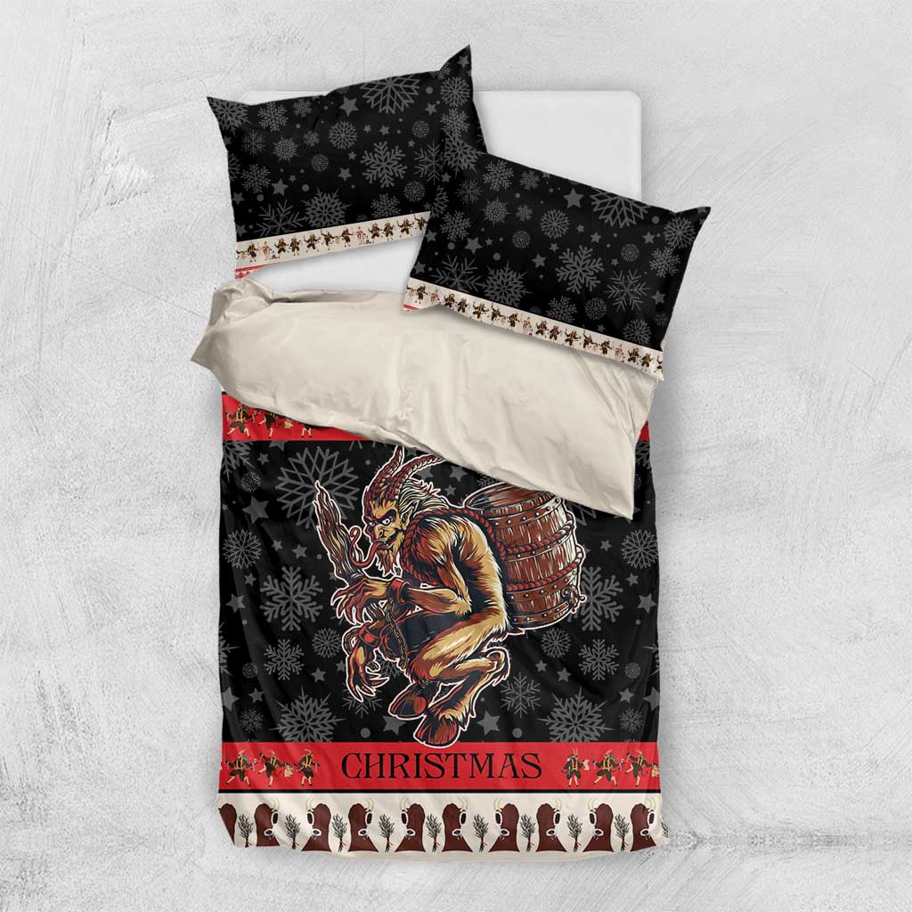 Folded black and red Christmas bedding set featuring Krampus devil and snowflake prints