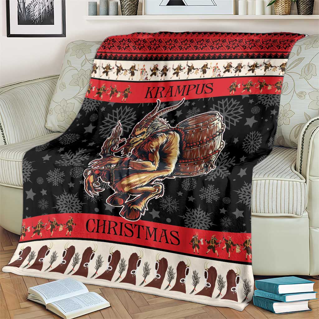 Krampus Christmas throw blanket in red, black, and cream with demon artwork and “KRAMPUS” band
