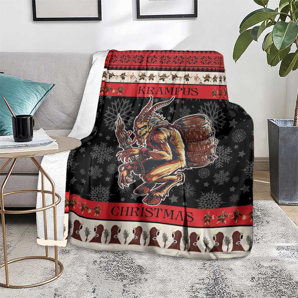Black Krampus Christmas blanket with red stripe, demon figure graphic, and “CHRISTMAS” band